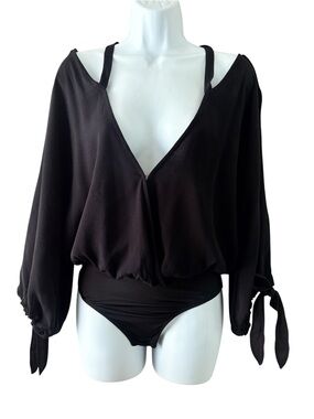 For Love And Lemons Black Deep V-Neck Cross-Back Long Sleeve Bodysuit